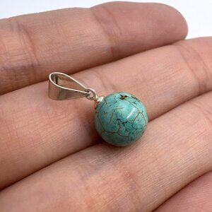VTG Sterling Silver 925 Spiderweb Turquoise Bead Ball Pendant Size 0.75" Length